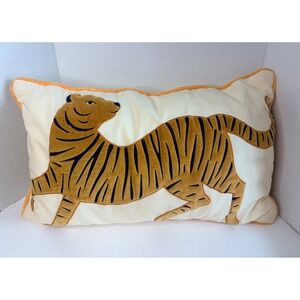 Tiger Embroidered Lumbar Throw Pillow Cream Orange Velvet Maximalist Moody